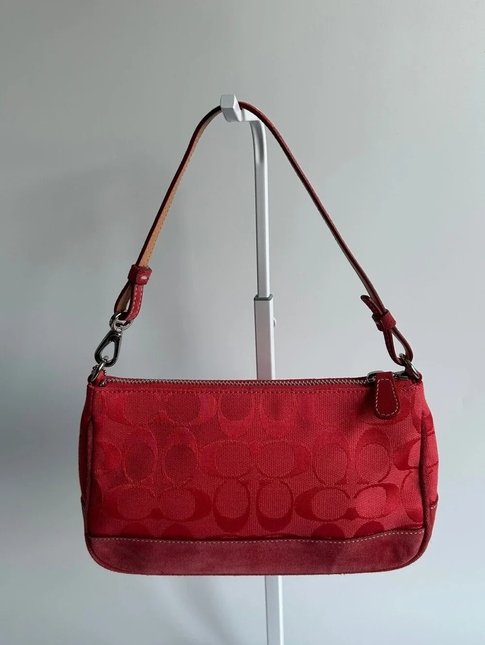 Coach Signature Jacquard Mini Demi Pouch Shoulder Bag Red Canvas Suede Trim 6094